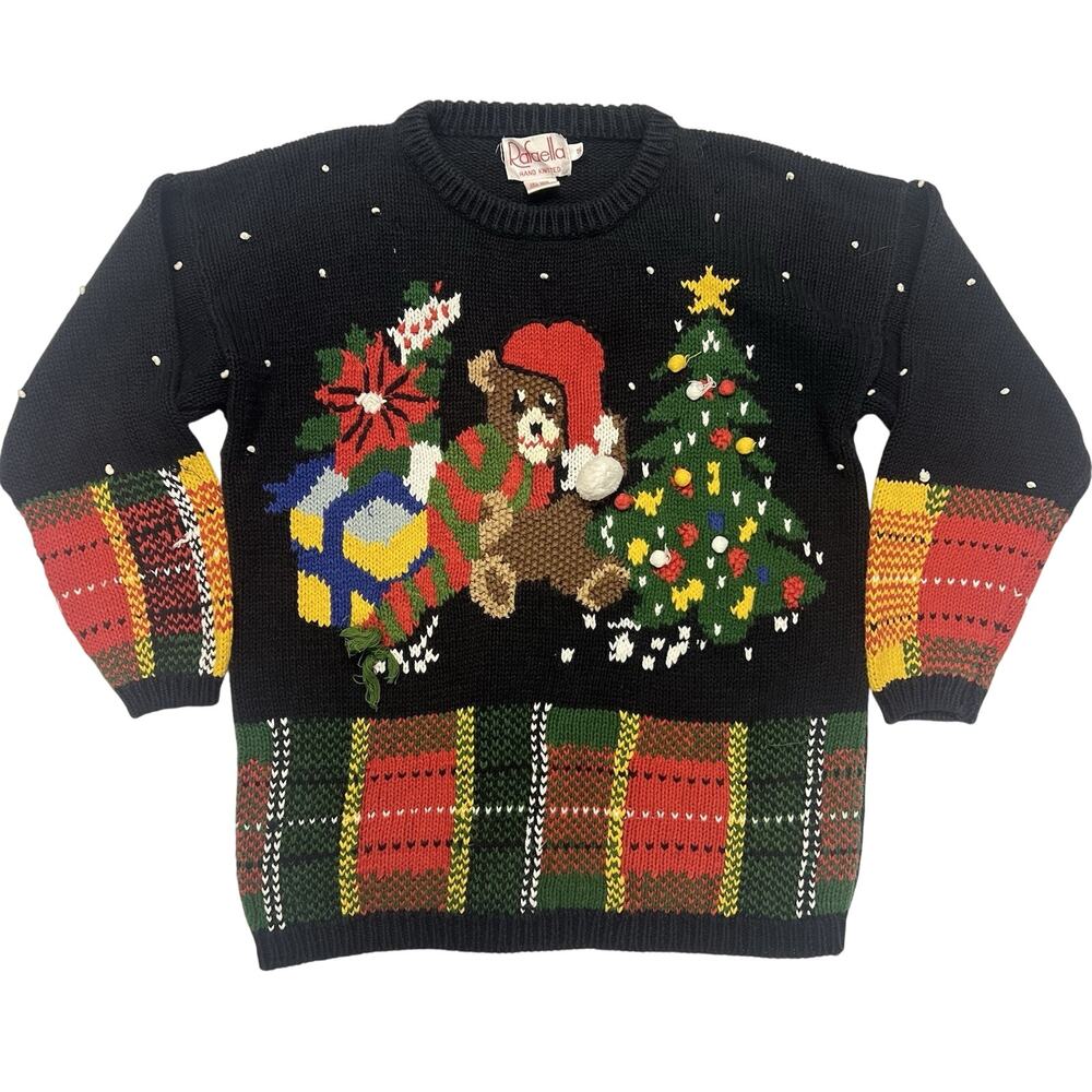 Rafaella Women's‎ 3D Christmas Sweater Size S Hand Knitted Teddy Bear Holiday